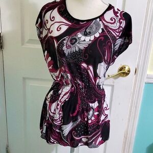 ACE Fashion Elegant Retro Black & Purple Dolman Sleeves Smocked Fitted Top M